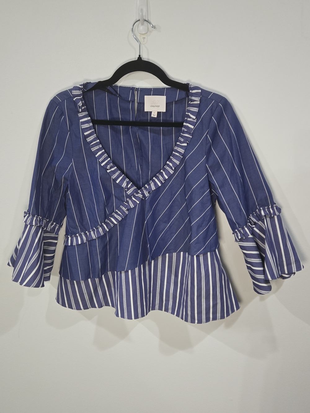 Cinq a Sept Sz Small Blue and White Striped Ruffle Wrap-Style Blouse